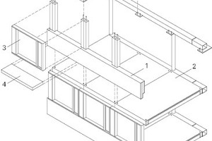  Reihenfolge der Montage: 1. Wandelement aus drei Stützpaaren mit Brüs-tung, 2. Holz-Beton-Rippenverbunddecke, 3. Fenstermodul und 4. Vordach 