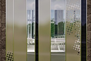  Fenster und unterschiedlich stark bedruckte Glaspaneele wechseln sich mit geschlossenen Fassadenelementen aus Naturstein ab 