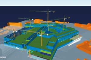  Im Rahmen des Building Information Modeling wurde mit unterschiedlichen Programmen gearbeitet. Die Fassade entstand mit Tekla Structures (blau), die Baustelleninfrastruktur, wie die Kräne, wurden mit Siemens NX angelegt 